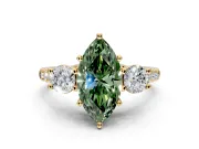 3 Stone Engagement Ring Setting for Fancy Green Marquise Center with Crossover Basket, Pave Band and Prong Head in Yellow Gold