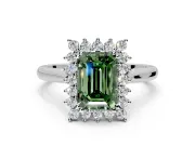 Starburst Halo Engagement Ring Setting for Fancy Green Emerald Cut Center with Thin Round-Wire Band and Prong Head in Sterling Silver