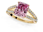 Solitaire Engagement Ring Setting for Fancy Pink Radiant Cut Center with Pave Split Shank and Prong Head in Yellow Gold