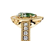Milgrain Halo Engagement Ring Setting for Fancy Green Pear-Shaped Center with Pave Band and Prong Head in Yellow Gold