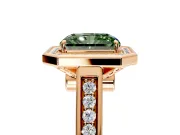 Halo Engagement Ring Setting for Fancy Green Radiant Cut Center with Outer Bezel Rim, Pave Band and Prong Head in Rose Gold