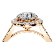 Halo Engagement Ring Setting for Round Cut Center with Narrowing Pave Band and Prong Head in Rose Gold