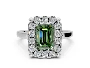 Single Halo Engagement Ring Setting for Fancy Green Emerald Cut Center with Corner Claws, Plain Band and Prong Head in Platinum