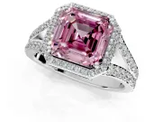 Halo Engagement Ring Setting for Fancy Pink Asscher Cut Center with Narrow Pave Split Shank and Prong Head in Platinum