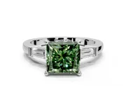 3 Stone Engagement Ring Setting for Fancy Green Princess Cut Center with Channel Baguette Accents and Prong Head in Sterling Silver
