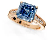 Engraved Engagement Ring Setting for Fancy Blue Asscher Cut Center with Milgrain Pave Band and Prong Head in Rose Gold