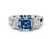 3 Stone Engagement Ring Setting for Fancy Blue Asscher Cut Center with Raised Basket Heads and Prong Head in Platinum
