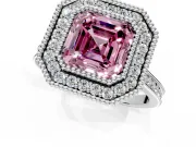 Halo Engagement Ring Setting for Fancy Pink Asscher Cut Center with Milgrain Frame, Pave Band and Prong Head in Platinum