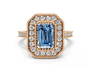Halo Engagement Ring Setting for Fancy Blue Emerald Cut Center with Milgrain Frame, Pave Band and Prong Head in Rose Gold