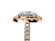 Pave Halo Engagement Ring Setting for Radiant Cut Center with Single Row Pave Band and Prong Head in Rose Gold