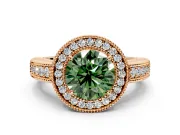 Milgrain Halo Engagement Ring Setting for Fancy Green Round Cut Center with Pave Band and Prong Head in Rose Gold