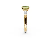 3 Stone Engagement Ring Setting for Fancy Yellow Asscher Cut Center with Tapered Baguettes, Plain Band and Prong Head in Yellow Gold