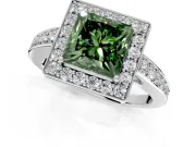 Bezel-Framed Halo Engagement Ring Setting for Fancy Green Princess Cut Center with Pave Band and Prong Head in Platinum