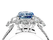 Halo Engagement Ring Setting for Fancy Blue Radiant Cut Center with Two-Strand Split Shank and Prong Head in Platinum