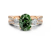 3 Stone Engagement Ring Setting for Fancy Green Oval Center with Pave Split Shank and Prong Head in Rose Gold