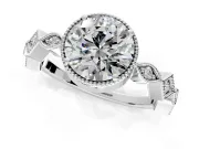 Milgrain Bezel Engagement Ring Setting for Round Cut Center with Marquise Stations and Bezel Head in White Gold