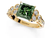 Cluster Engagement Ring Setting for Fancy Green Princess Cut Center with Bezel Accent Clusters and Prong Head in Yellow Gold