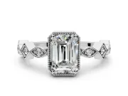 Milgrain Bezel Engagement Ring Setting for Emerald Cut Center with Marquise Stations and Bezel Head in Platinum