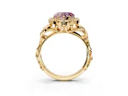 Halo Engagement Ring Setting for Fancy Pink Heart-Shaped Center with Open Scroll Shoulders and Prong Head in Yellow Gold