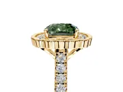 Milgrain Floral Halo Engagement Ring Setting for Fancy Green Cushion Cut Center with Pave Band and Prong Head in Yellow Gold