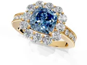 Halo Engagement Ring Setting for Fancy Blue Cushion Cut Center with Milgrain Channel Band and Prong Head in Yellow Gold