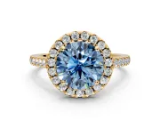 Halo Engagement Ring Setting for Fancy Blue Round Cut Center with Raised Halo, Pave Band and Prong Head in Yellow Gold