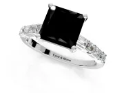 Baguette Engagement Ring Setting for Fancy Black Princess Cut Center with Alternating Bar-Set Band and Prong Head in White Gold
