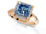 Halo Engagement Ring Setting for Fancy Blue Princess Cut Center with Knife Ridge Cathedral Band and Prong Head in Rose Gold