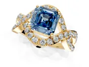 Halo Engagement Ring Setting for Fancy Blue Asscher Cut Center with Pave Infinity Twist Band and Prong Head in Yellow Gold