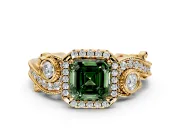 Milgrain Halo Engagement Ring Setting for Fancy Green Asscher Cut Center with Shoulder Bezels and Prong Head in Yellow Gold