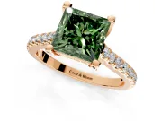 Solitaire Engagement Ring Setting for Fancy Green Princess Cut Center with Widening Pave Band and Claw Prong Head in Rose Gold