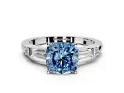 Bar-Set Engagement Ring Setting for Fancy Blue Cushion Cut Center with Tapered Baguette Accents and Prong Head in White Gold