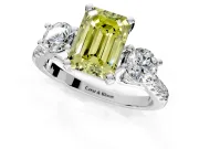 3 Stone Engagement Ring Setting for Fancy Yellow Emerald Cut Center with Crossover Basket, Pave Band and Prong Head in Platinum