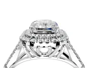 Double Halo Engagement Ring Setting for Radiant Cut Center with Narrow Pave Split Shank and Prong Head in White Gold