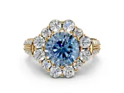 Large Accent Halo Engagement Ring Setting for Fancy Blue Round Cut Center with Pave Split Shank and Prong Head in Yellow Gold