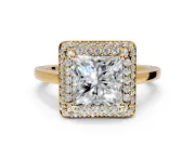 Halo Engagement Ring Setting for Princess Cut Center with Plain Tapered Band and Prong Head in Yellow Gold