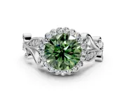 Halo Engagement Ring Setting for Fancy Green Round Cut Center with Leaf Motif Split Shank and Prong Head in Platinum