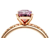 Solitaire Engagement Ring Setting for Fancy Pink Emerald Cut Center with XO Engraved Band and Prong Head in Rose Gold