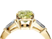3 Stone Engagement Ring Setting for Fancy Yellow Cushion Cut Center with Baguette Accents and Prong Head in Yellow Gold