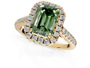 Halo Engagement Ring Setting for Fancy Green Emerald Cut Center with Narrowing Pave Band and Prong Head in Yellow Gold