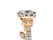 Leaf Motif Engagement Ring Setting for Oval Center with Pave Band and Prong Head in Rose Gold