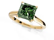 Solitaire Engagement Ring Setting for Fancy Green Princess Cut Center with Narrow Cathedral Band and Prong Head in Yellow Gold