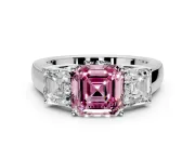 3 Stone Engagement Ring Setting for Fancy Pink Asscher Cut Center with Raised Basket Heads and Prong Head in Platinum