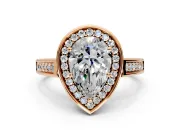 Halo Engagement Ring Setting for Pear-Shaped Center with Outer Bezel Rim, Pave Band and Prong Head in Rose Gold