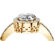 Halo Engagement Ring Setting for Oval Center with Heart-Shaped Openwork, Pave Band and Prong Head in Yellow Gold