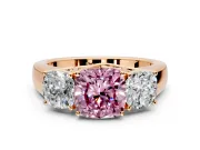 3 Stone Engagement Ring Setting for Fancy Pink Cushion Cut Center with Raised Basket Heads and Prong Head in Rose Gold