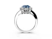 Halo Engagement Ring Setting for Fancy Blue Round Cut Center with Metal-Rimmed Halo, Pave Band and Prong Head in Sterling Silver
