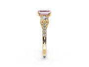3 Stone Engagement Ring Setting for Fancy Pink Asscher Cut Center with Crossover Basket, Pave Band and Prong Head in Yellow Gold