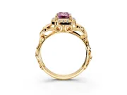 Halo Engagement Ring Setting for Fancy Pink Emerald Cut Center with Open Scroll Shoulders and Prong Head in Yellow Gold