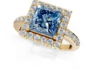Halo Engagement Ring Setting for Fancy Blue Princess Cut Center with Heart-Shaped Openwork, Pave Band and Prong Head in Yellow Gold